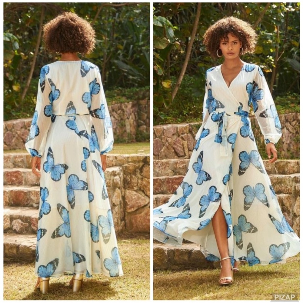 Boston Proper Butterfly Maxi Wrap Dress